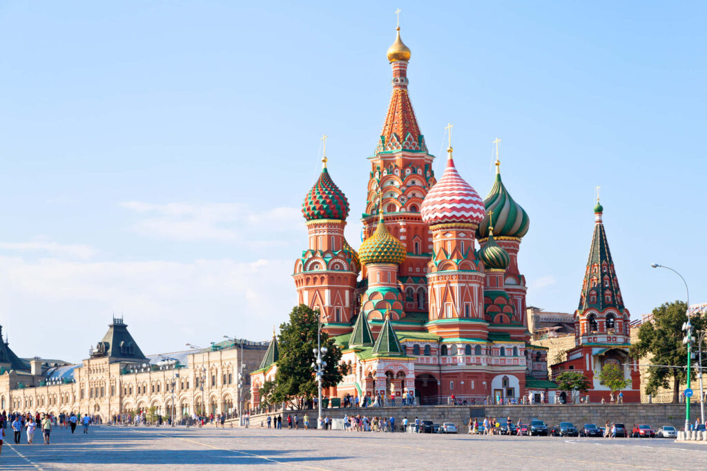Saint Basil's Cathedral vibrant colorful domes Moscow Red Square clear blue sky wallpaper