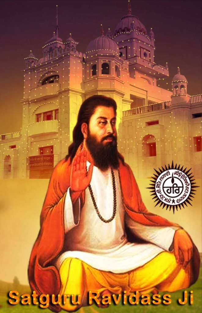 Saint Guru Ravidas in saffron robes meditating with golden temple glow devotional wallpaper background
