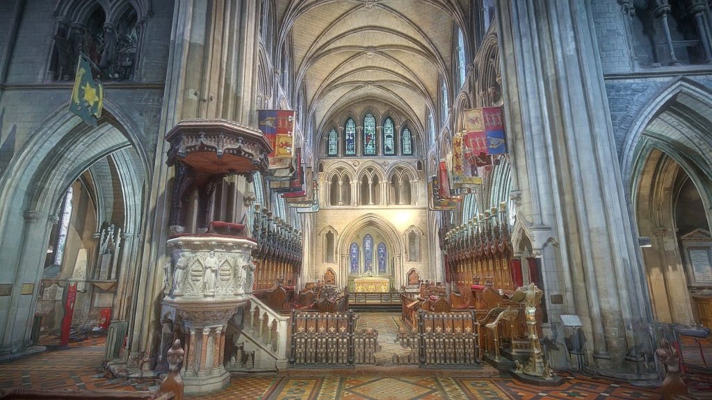 Interior view of Dublin Saint Patrick’s Cathedral with ornate pulpit choir stalls Gothic architecture Wallpaper