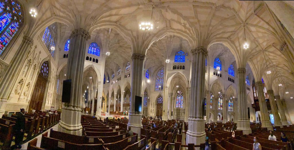 Saint Patrick's Cathedral interior wide-angle view Gothic architecture stained glass ceiling Wallpaper