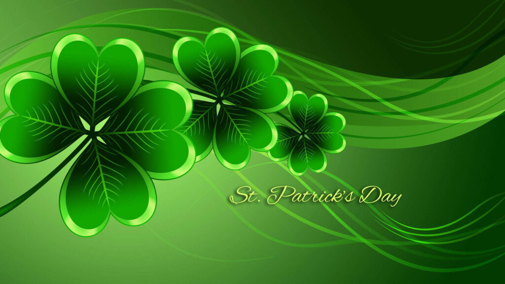 Saint Patricks Day wallpaper with vibrant green clovers and flowing wave patterns background