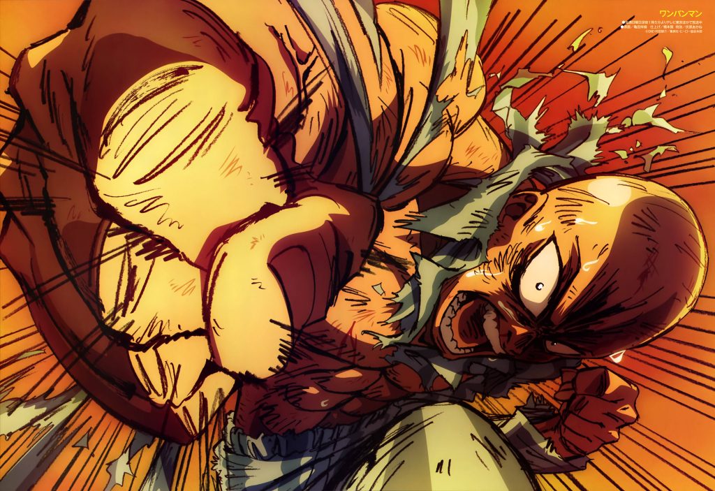 Saitama One Punch Man delivering powerful strike fiery orange anime wallpaper 8K action art