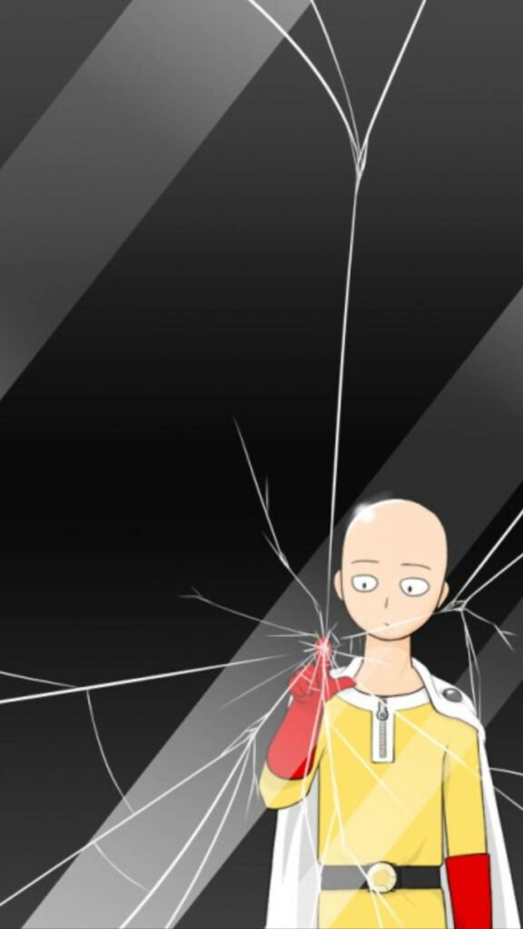 Saitama One Punch Man minimalist art with cracked glass effect on Redmi Note 9 punch hole screen Wallpaper
