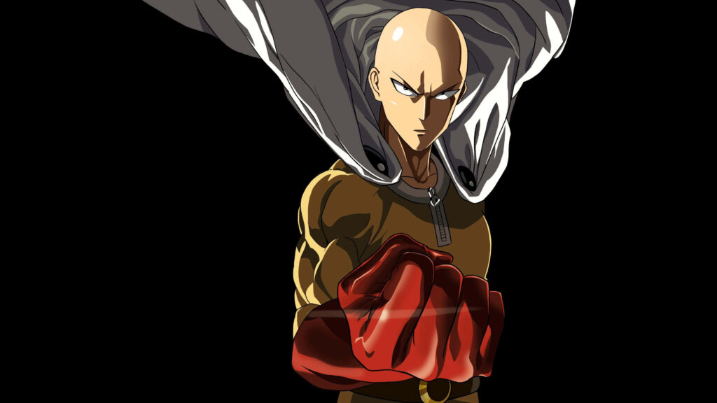 Epic Saitama Wallpaper: One-Punch Man's Heroic Stance in Bold Action