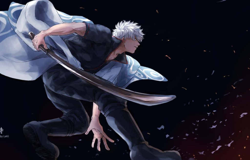 Sakata Gintoki fierce samurai combat digital wallpaper with katana and ember dark background