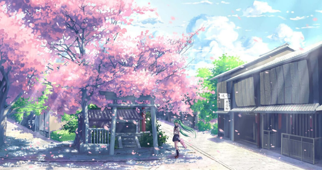Sakura Blossom Tree Wallpaper with Japanese Architecture - Tranquil Art