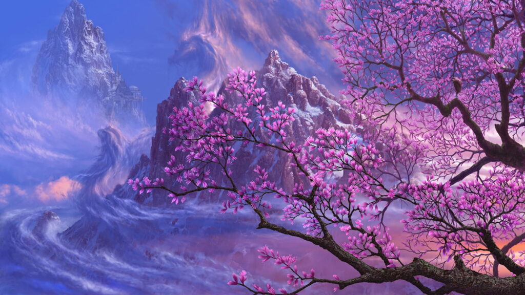 Serenity Unveiled: Captivating Cherry Blossoms Amidst Majestic Spring Mountains Wallpaper
