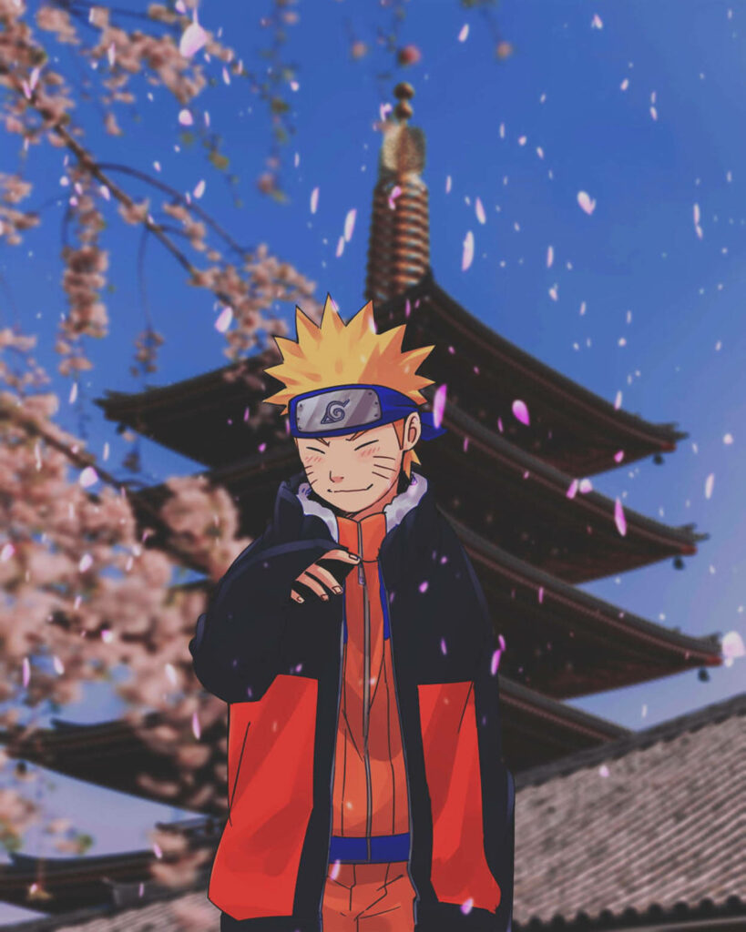 Dazzling Digital Illustration: Naruto Uzumaki Embraces Cherry Blossom Serenity in Japanese Shrine Wallpaper