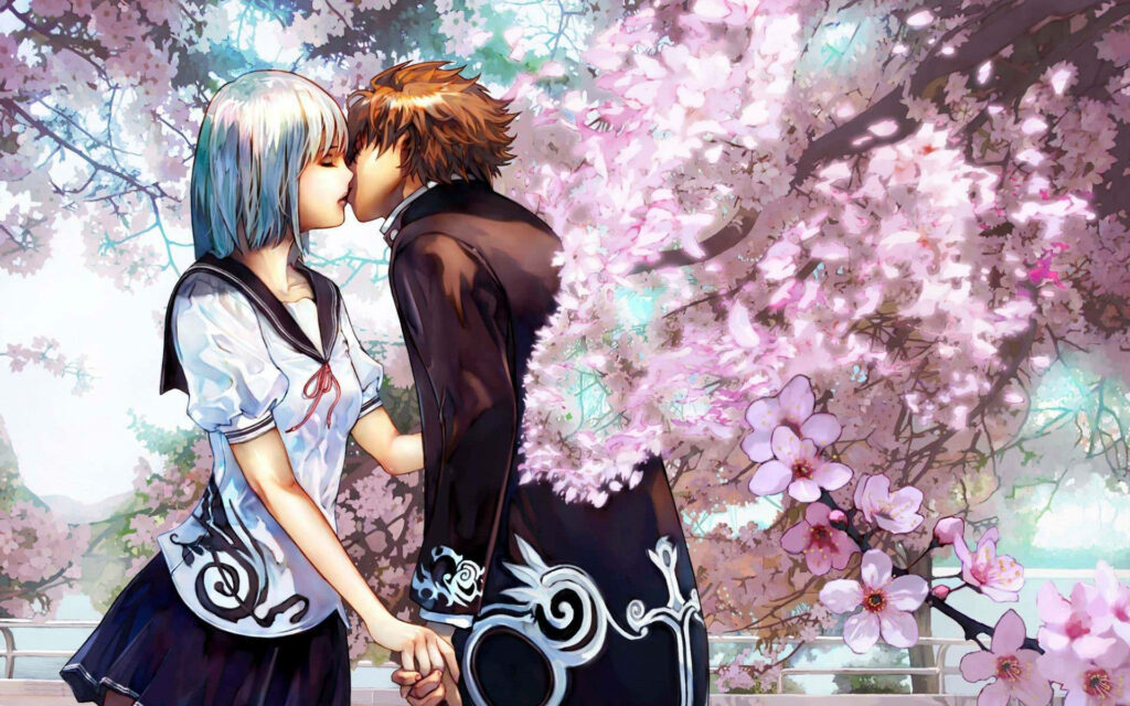 Sakura Serenade: Anime Lovebirds Embrace under Blushing Blossoms Wallpaper