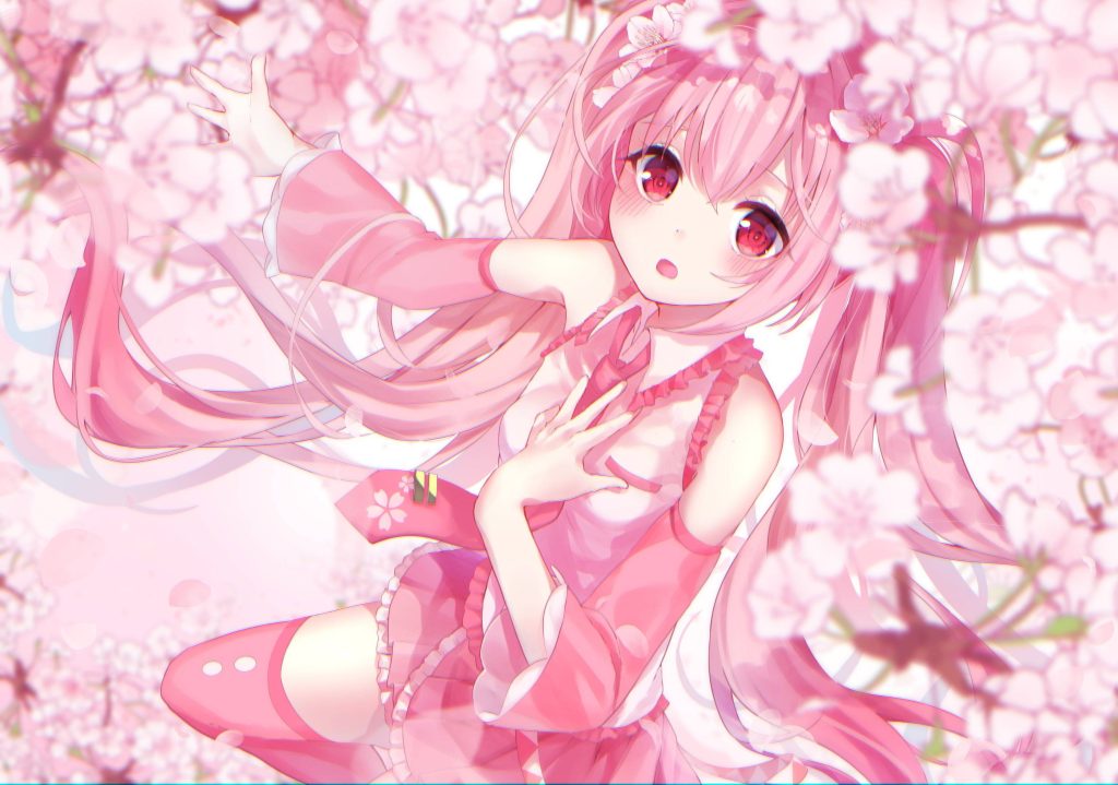 Sakura Miku anime wallpaper with pink cherry blossoms vibrant hair soft red eyes spring aesthetic