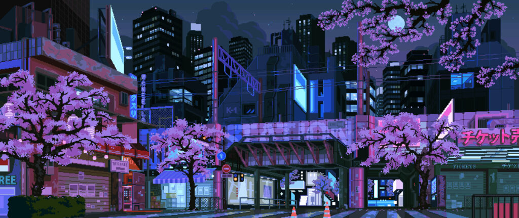 Cherry Blossom Delights in the Pixelated Serenity of The Quiet City's Overhead Trainstation Wallpaper