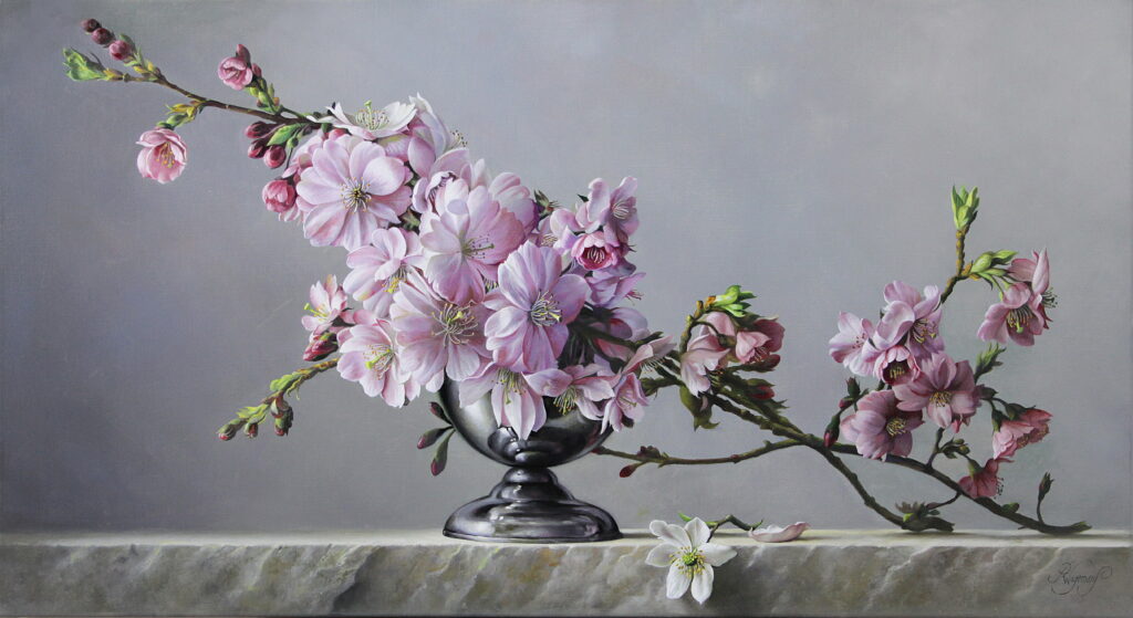 Blossoms of Spring: A Radiant Sakura Vase Painting by Pieter Wagemans Wallpaper