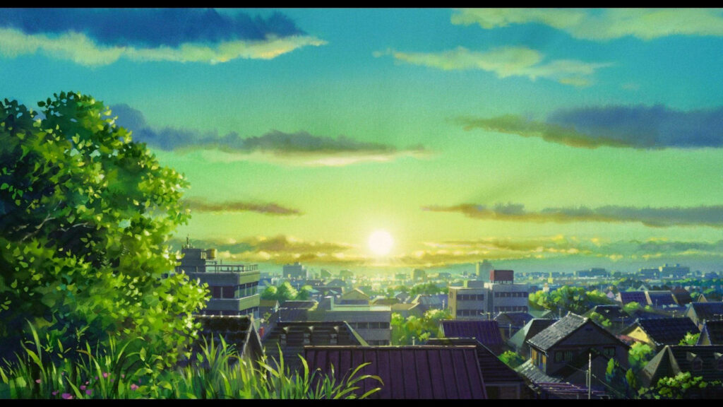 Emerging Dawn: A Scenic Anime Cityscape in Japanese Delight Wallpaper