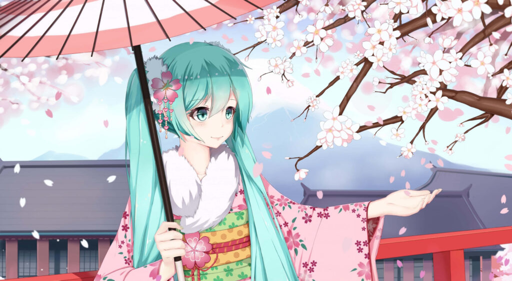 Spring Sakura Wallpaper: Hatsune Miku in Kimono with Cherry Blossoms