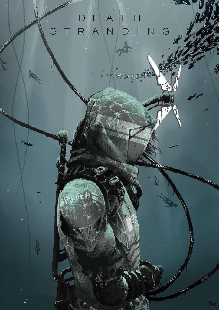 Sam Porter Bridges iPhone wallpaper with Odradek scanner in teal abyss Death Stranding art