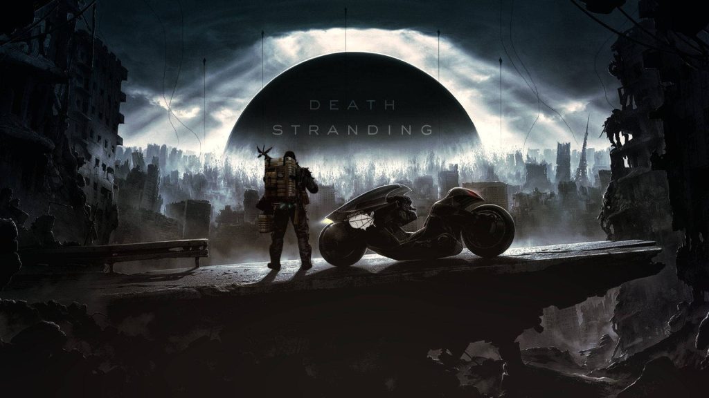 Sam Porter Bridges beside futuristic Reverse Trike in dark apocalyptic cityscape Death Stranding wallpaper