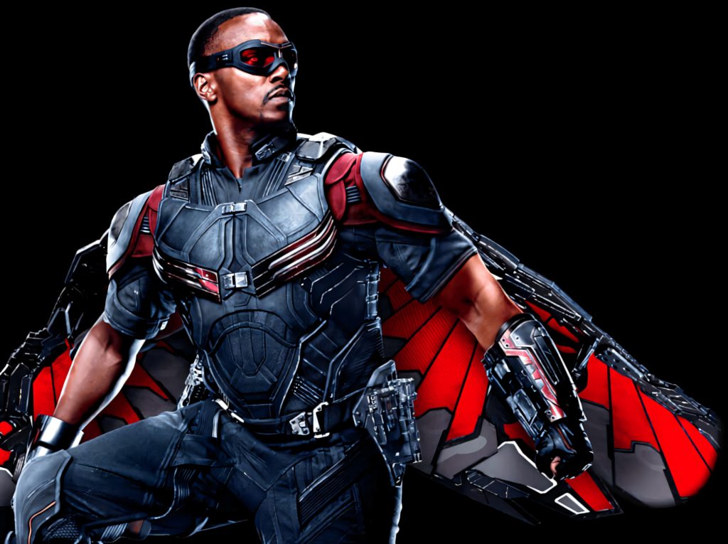 Falcon Marvel superhero Anthony Mackie in black red suit with extended wings on black background Wallpaper