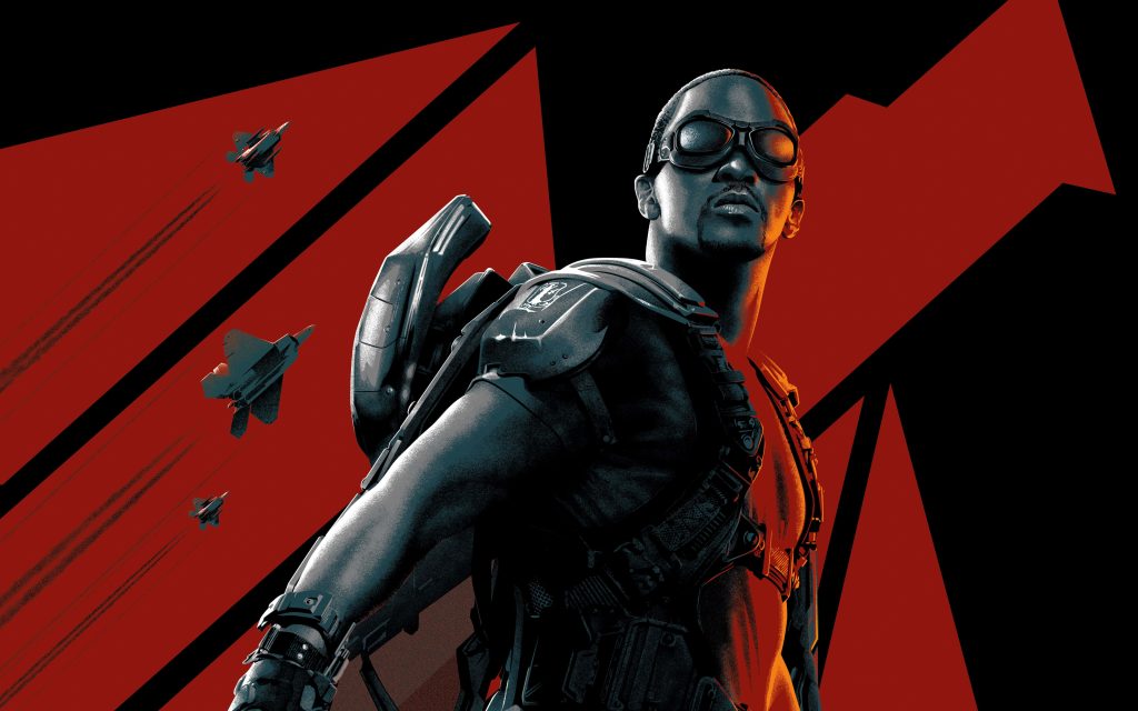 Bold red and black Marvel wallpaper of Sam Wilson Falcon in tactical suit with jets background