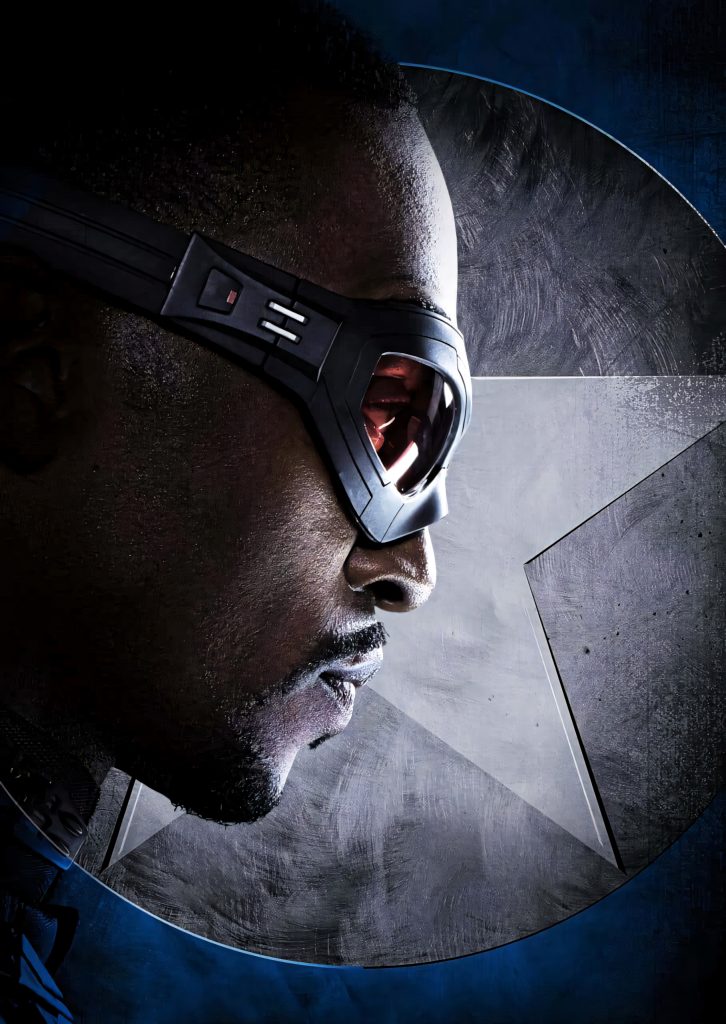 Close-up of Sam Wilson Falcon with red goggles and metallic star background Marvel wallpaper