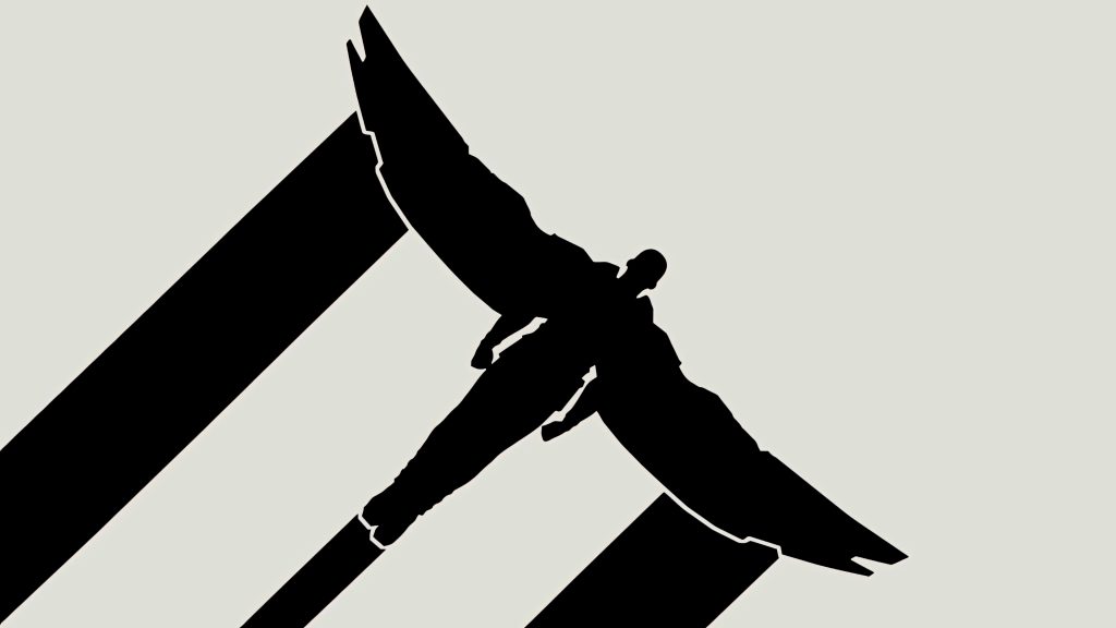 Minimalist silhouette of Marvel Sam Wilson Falcon mid-flight with bold speed trails wallpaper