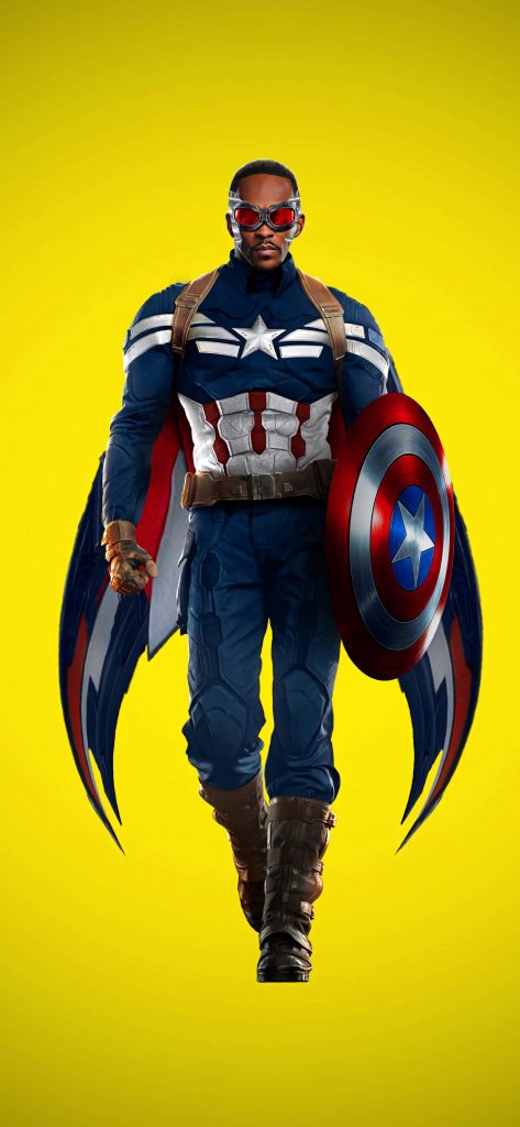 Sam Wilson as Captain America in blue red and white suit with star shield on yellow background Wallpaper
