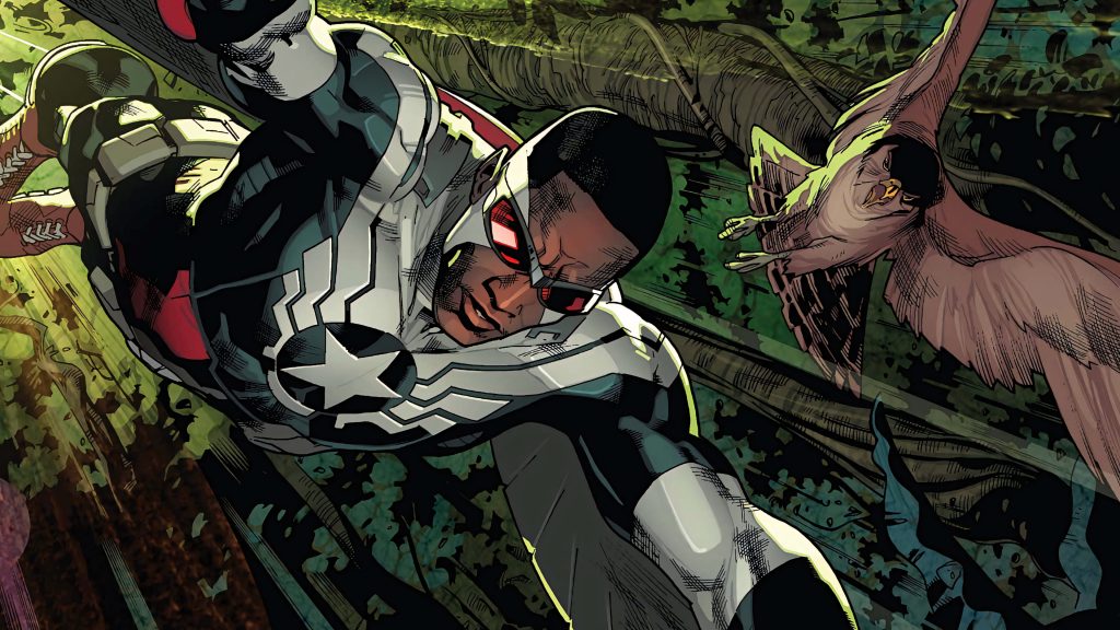 Marvel's Sam Wilson in white black suit with falcon flying over sunlit green forest background Wallpaper