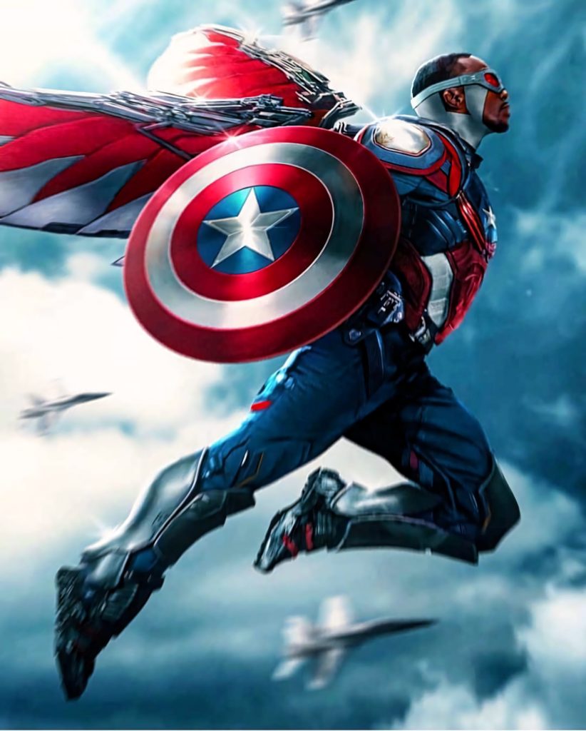 Sam Wilson as Captain America flies with metallic wings and star shield in vibrant sky wallpaper