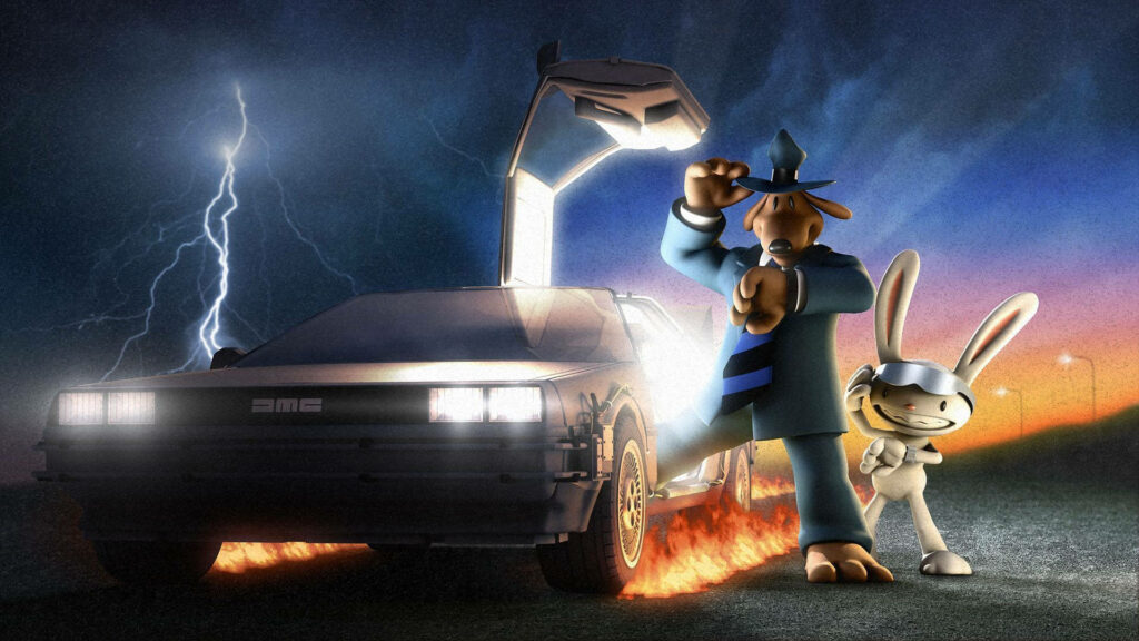 Sam and Max pose confidently by the Back to the Future DeLorean with lightning and fire trails Wallpaper
