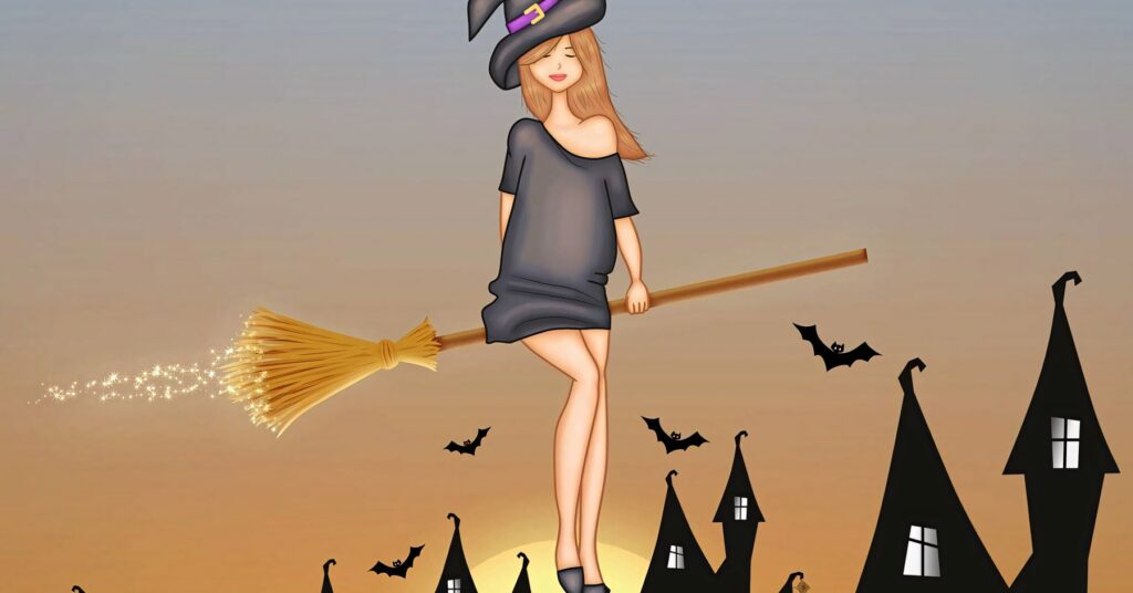 Cartoon Samantha from Bewitched flying broomstick over rooftops at sunset with bats wallpaper
