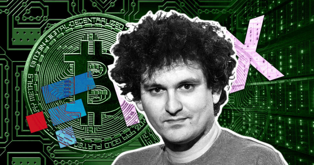 Samuel Bankman Fried FTX founder with cryptocurrency digital background and FTX logo wallpaper