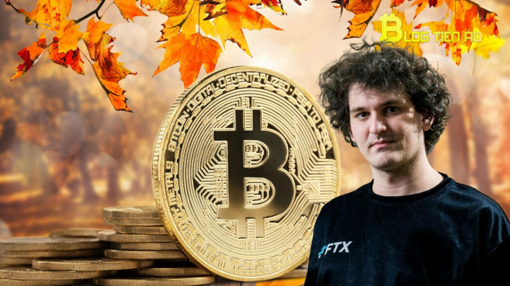 Samuel Bankman Fried with large Bitcoin symbol autumn background cryptocurrency trading wallpaper