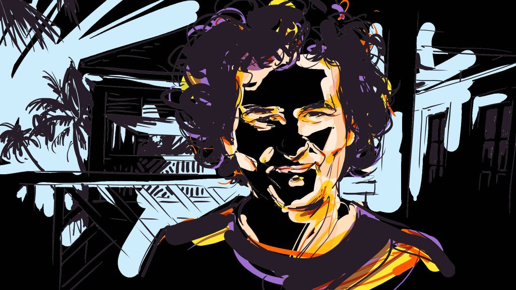 Stylized digital portrait of Samuel Bankman-Fried with curly hair and tropical palm tree backdrop Wallpaper