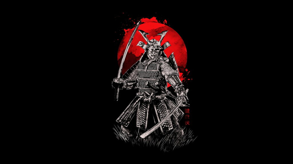 Bloodshed in the Shadows: HD Samurai Illustration Wallpaper with Swords, Armor, and Black background