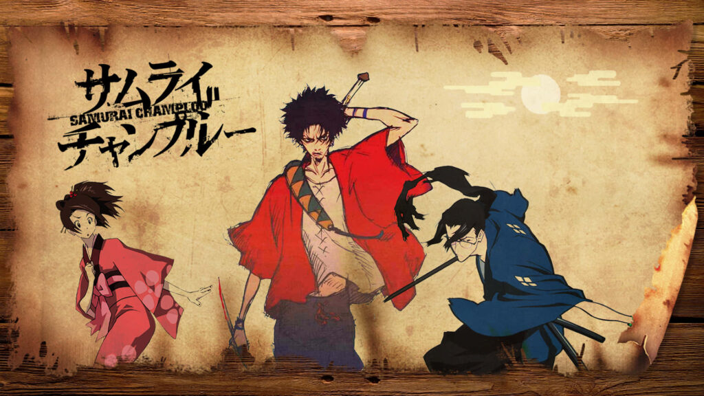 Samurai Champloo Trio: Timeless Elegance captured on Aged Canvas, the Essence of Classic Art Wallpaper