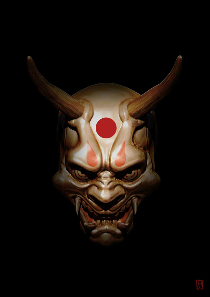 Hellish Samurai: A Menacing Mask with Devil Horns Emerges from the Darkness Wallpaper