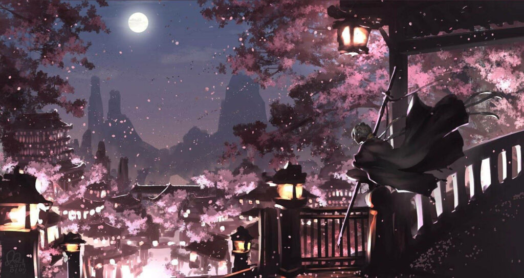 Samurai's Gaze: Illuminated Anime Night Cityscape on a Bridge Wallpaper