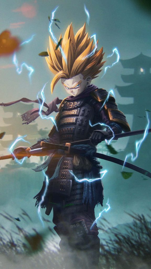 Samurai Gohan Super Saiyan 2 wielding katana in blue lightning misty Japanese landscape wallpaper