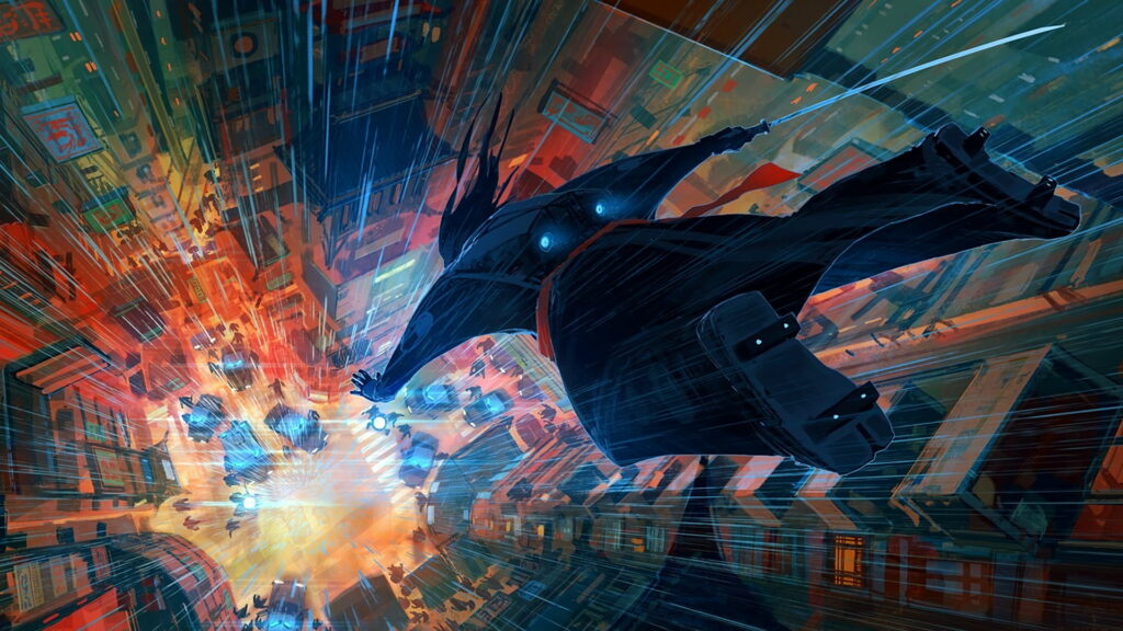Samurai Jack style warrior leaps over neon-lit cyberpunk city with blue and orange rain streaks Wallpaper