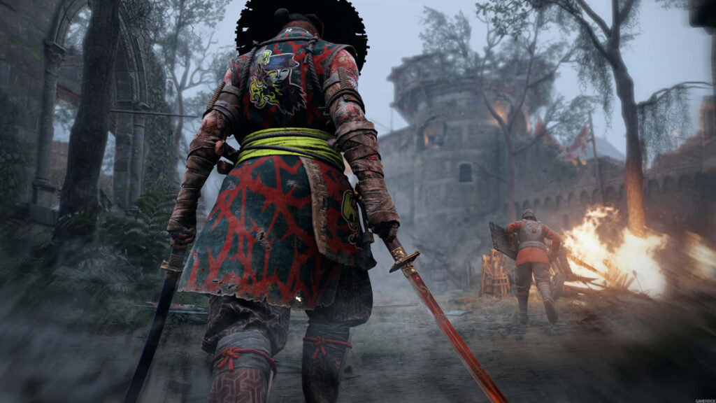 Samurai warrior in traditional armor wielding katana in fiery battle scene Wallpaper