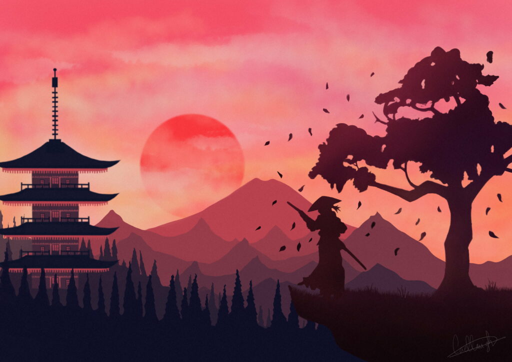 The Serene Warrior: A Majestic Samurai in Nature's Vector Canvas - An Anime-Inspired HD Wallpaper