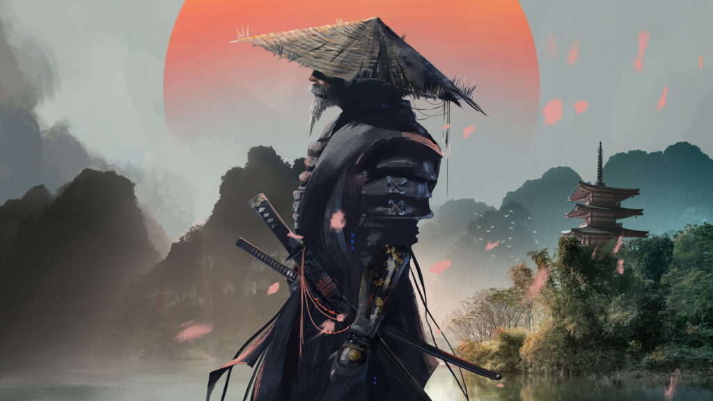 Sun-Kissed Samurai: A 4K Digital Art Wallpaper ft. Japanese Katana and Dramatic Clouds