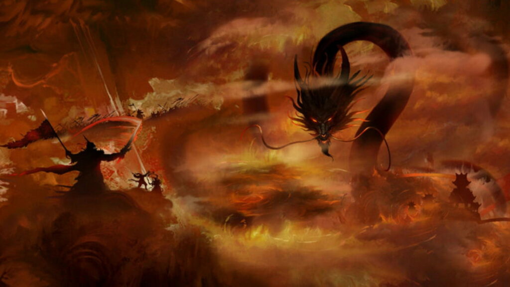 Epic Clash: The Fierce Battle of the Samurai and Dragon Wallpaper