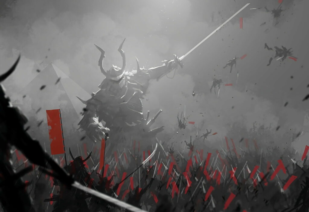 Samurai's Epic Clash: A Majestic Battle with a Gigantic Sword – HD Wallpaper of a Supernatural Fantasy Warrior