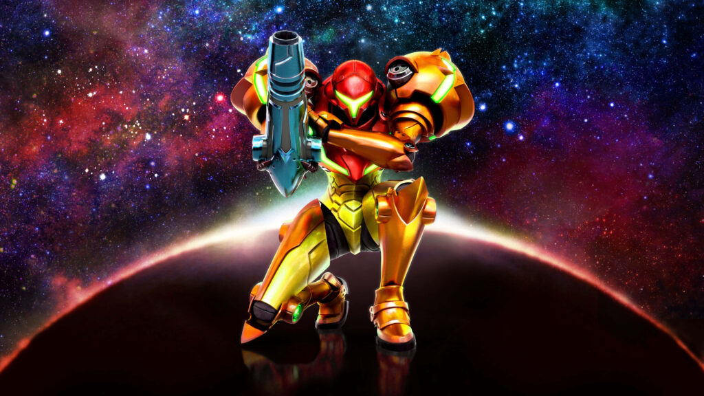 Samus Aran in Power Suit: Vibrant Metroid Dread Wallpaper Background