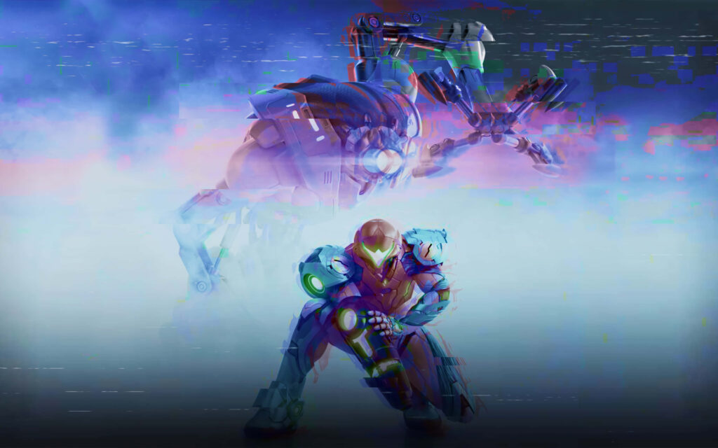 Futuristic Samus Aran Wallpaper from Metroid Dread - Glitch Effect