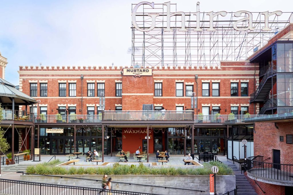 Ghirardelli Square San Francisco Mustard Building rooftop sign outdoor dining wallpaper background