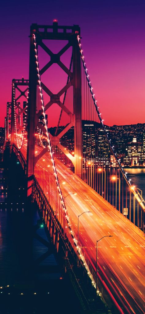 San Francisco Oakland Bay Bridge long exposure traffic light trails purple red sunset wallpaper