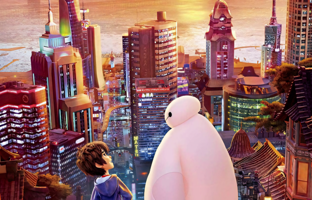 Stunning San Fransokyo Skyline Wallpaper: Baymax & Hiro at Sunset