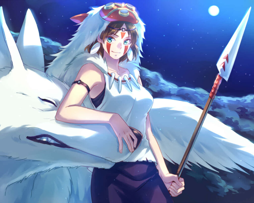 San and Princess Mononoke in moonlit forest lush greenery wallpaper background adventure