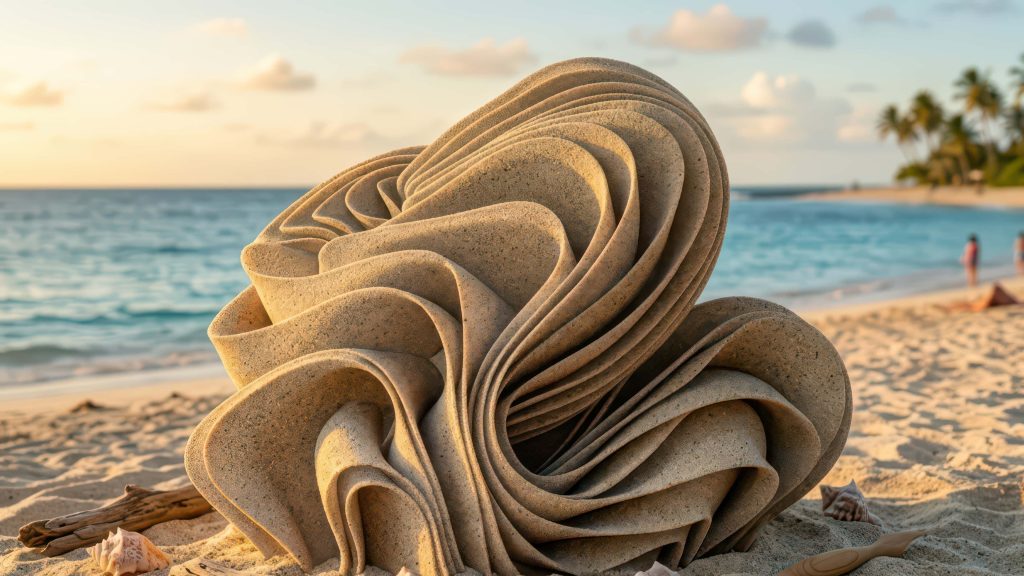 Sand-sculpted Windows 11 logo on tropical beach with warm sunset light wallpaper background